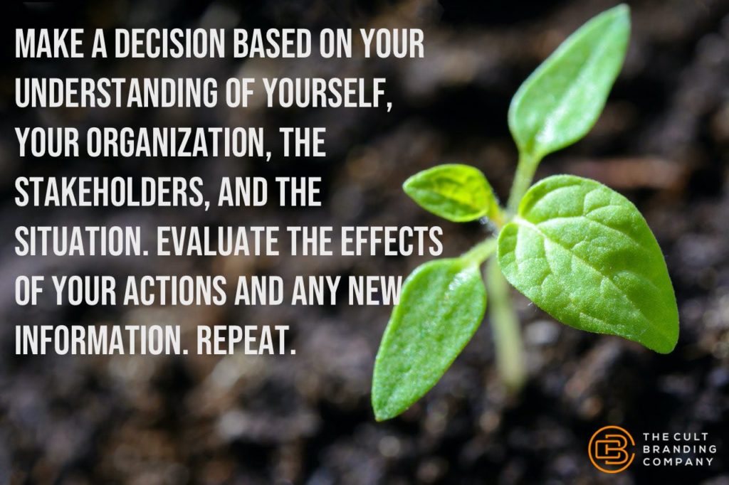 Make a decision based on your understanding of yourself, your organization, the stakeholders, and the situation. Evaluate the effects of your actions and any new information. Repeat. 